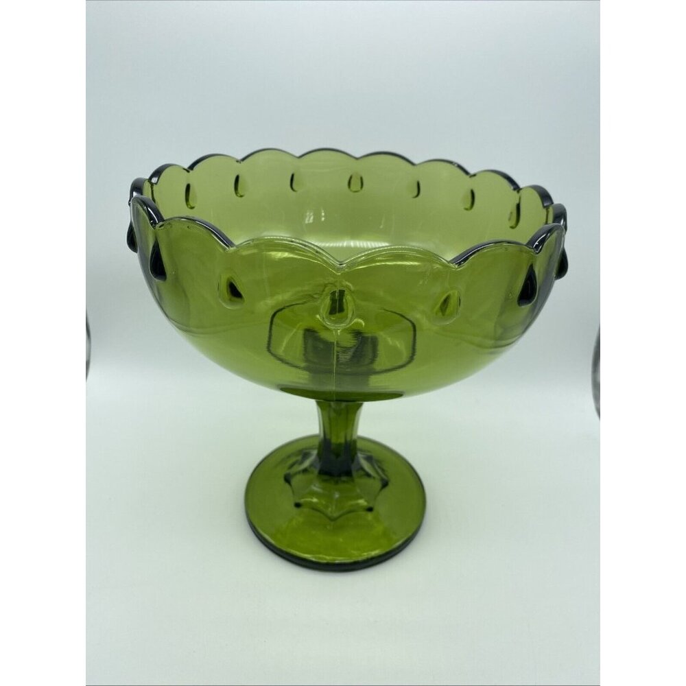 Indiana Glass Teardrop Olive Green Footed Compote 7.75" Tall 7.5" Diameter 1960s - Picture 3 of 9